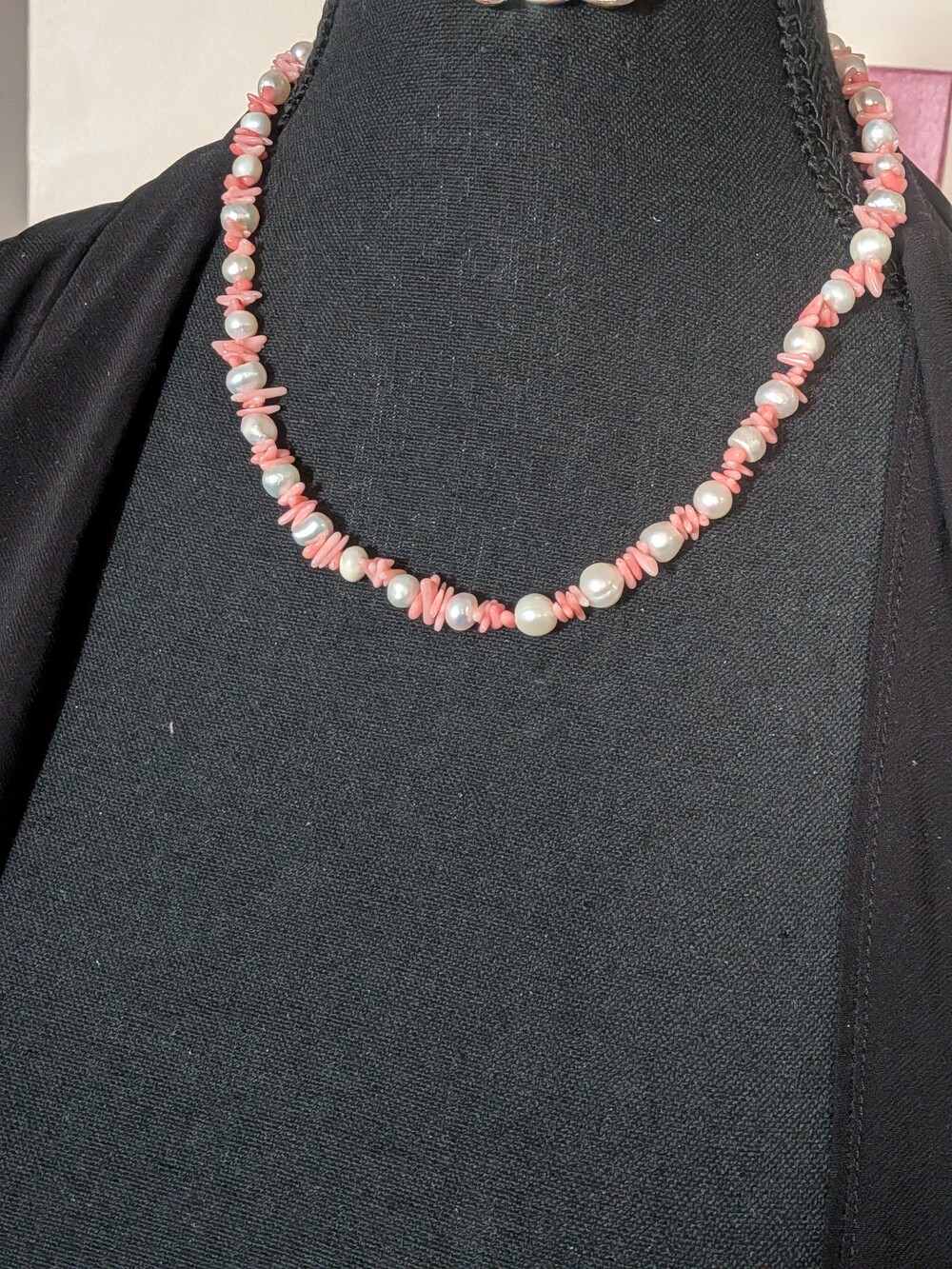 Vintage Real Freshwater Pearl & Pink Branch Coral Bead Necklace 19”